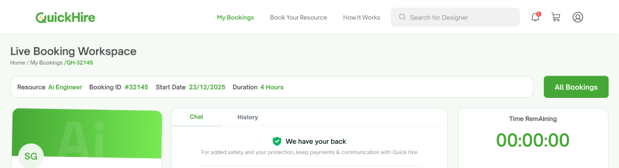 QuickHire Live Booking Workspace